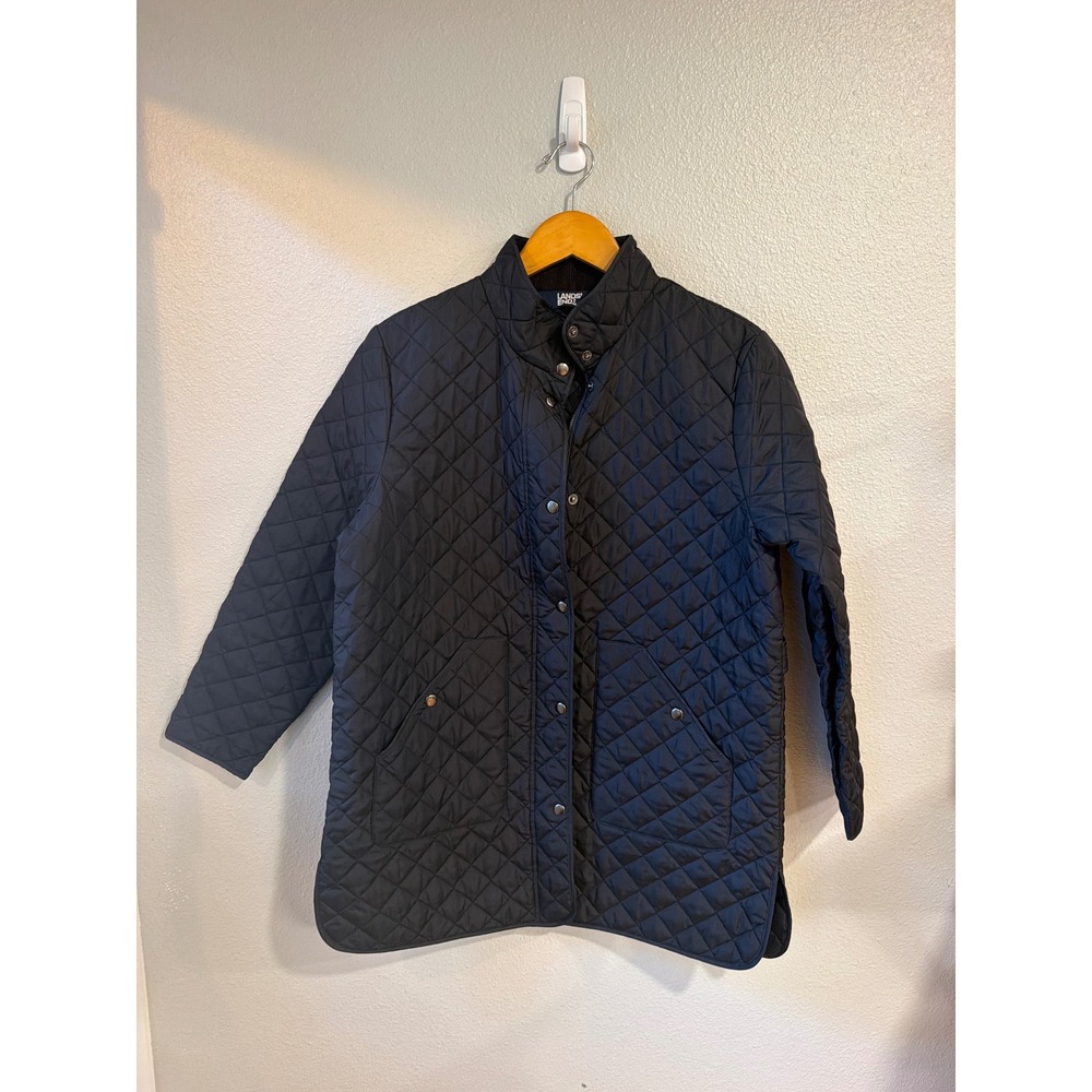 Lands' End Quilted Barn Jacket Womens Large Petite Black Corduroy Collar Coat